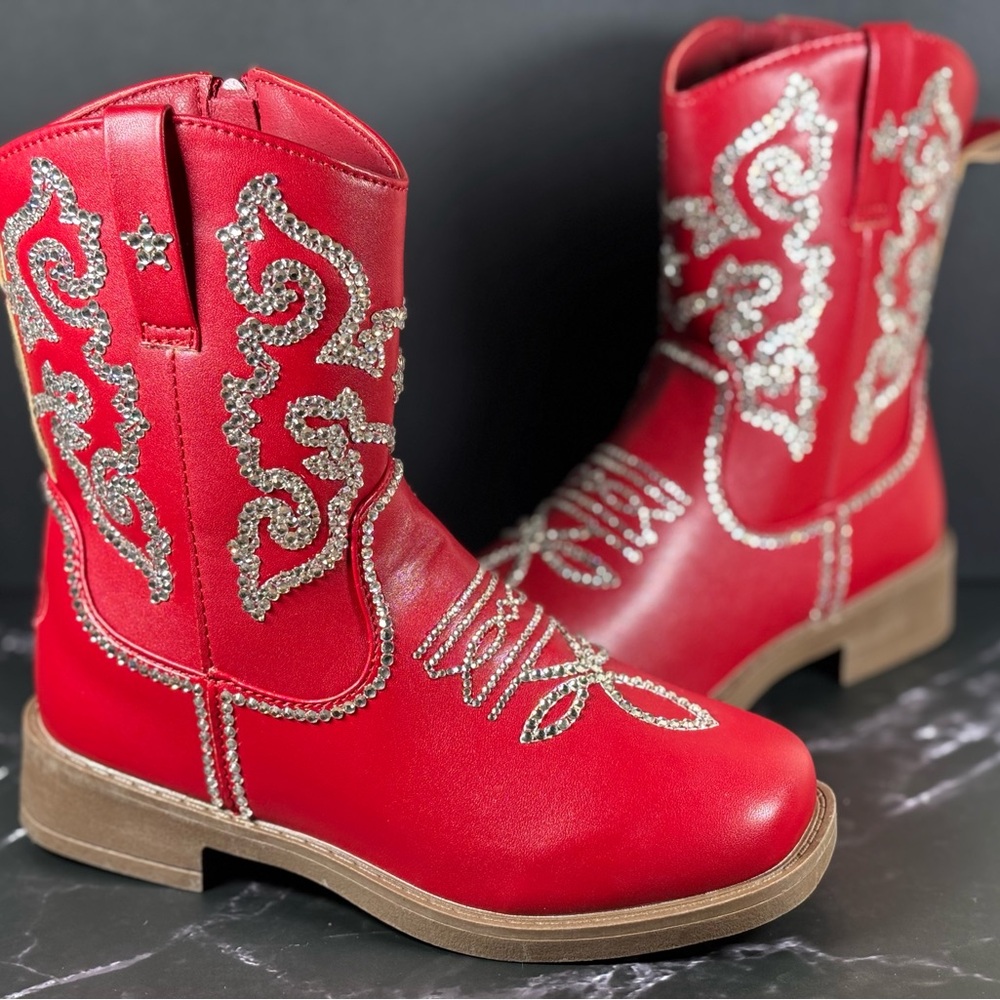 Red Kids Cowboy Boots with Silver Accents